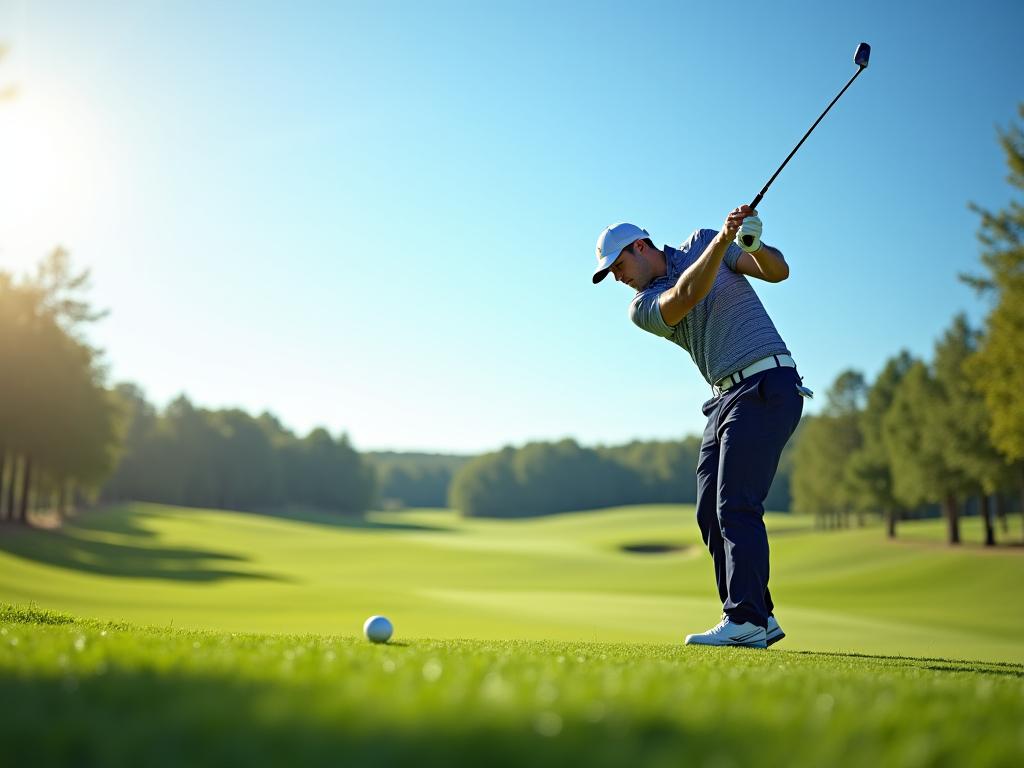 A professional golfer executing a perfect swing on a pristine course.