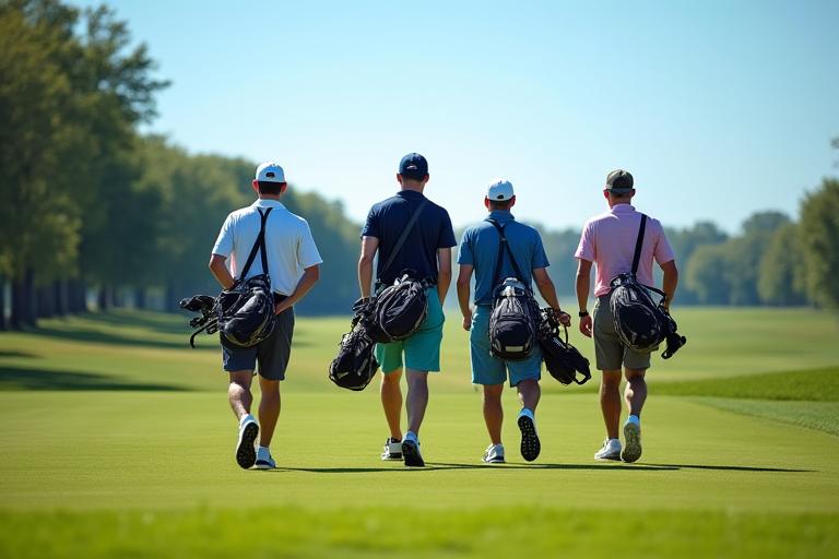 A group of four men walking down the fairway with their golf bags.