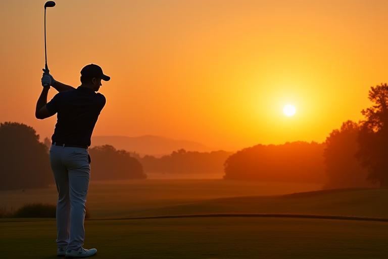 A man taking a powerful tee shot with a driver at sunrise.