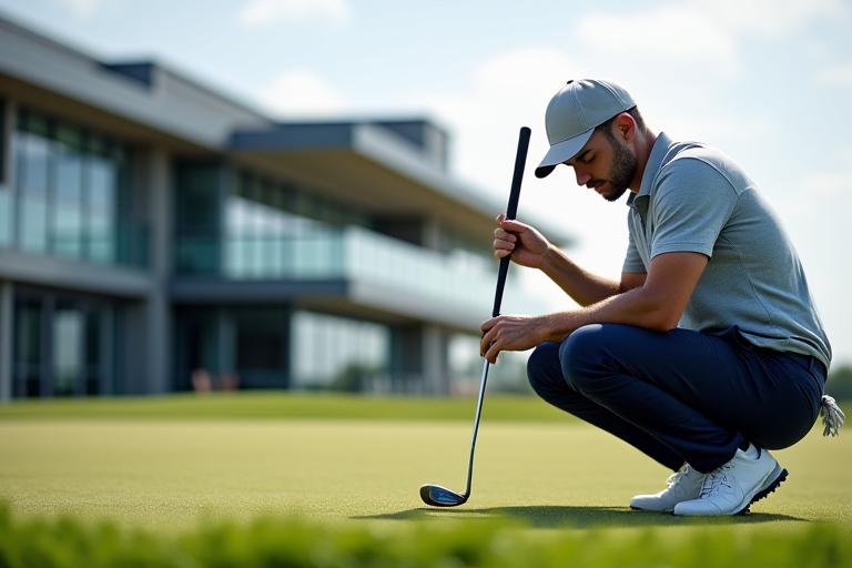 A man cleaning his club with the modern clubhouse in the background.