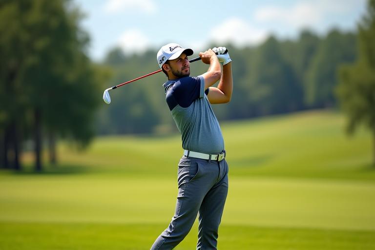 A male golfer mid-swing, with the fairway blurring in the background.