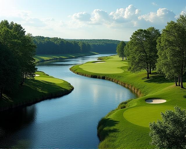 The Laurentian River Run course with the river winding alongside the 12th hole fairway.